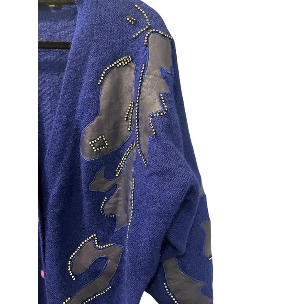 Vintage 80's Vasginie Italian Mohair Artisan Blue Cardigan Size Medium Applique - Picture 3 of 10
